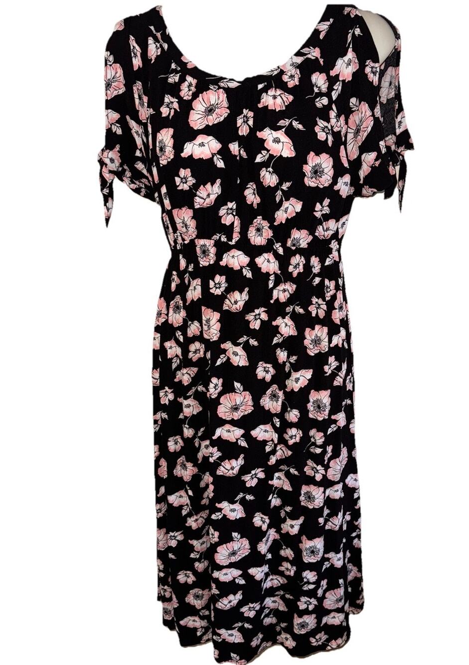 Mimi MM Maternity Black Dress Pink Flowers Cold Shoulder Sleeves Empire Waist SP